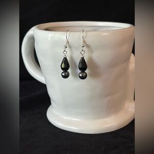 Hematite and cut quartz crystal drop earrings